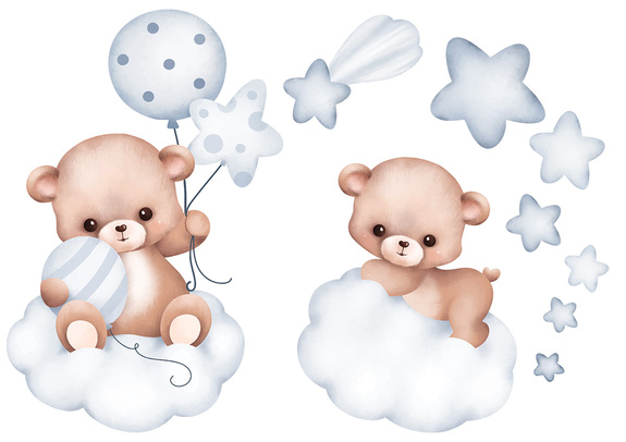 Teddybären mit ballons auf wolken zwischen sternen