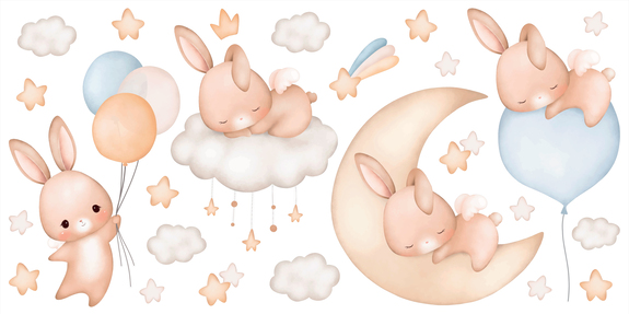 Schlafende kaninchen wolken sterne und ballons