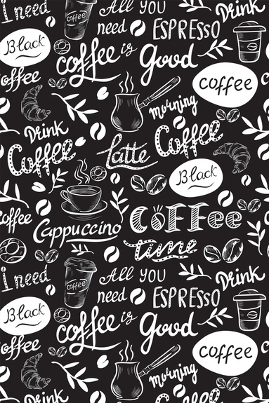 Schwarz-weißes muster mit kaffeemotiven und schriftzügen