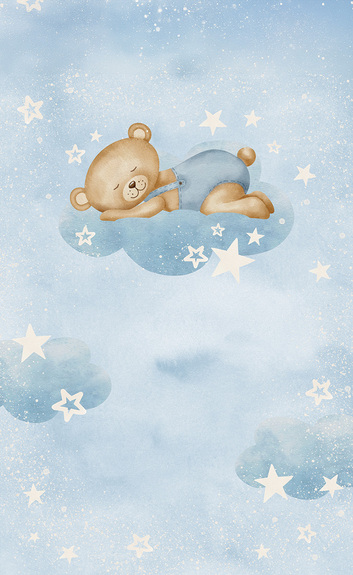 Bär in blauem outfit schlafend auf einer wolke zwischen sternen