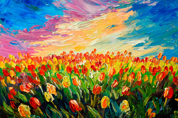 Ein feld roter und gelber tulpen im malerischen stil