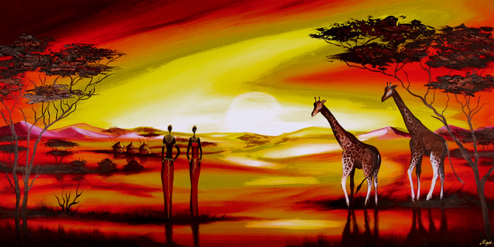 Menschen und giraffen in der afrikanischen savanne