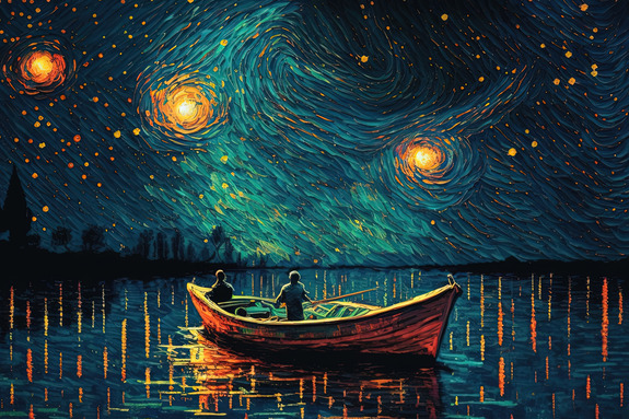 Ein boot auf einem see bei nacht im stil eines gemäldes von van gogh