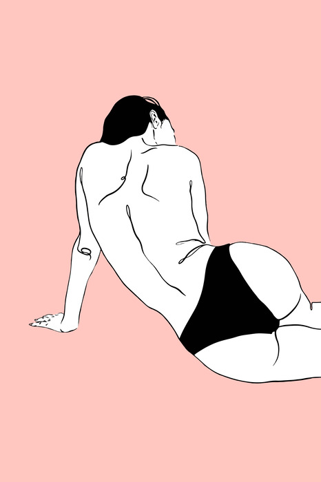 Eine minimalistische illustration einer weiblichen silhouette auf rosa hintergrund.