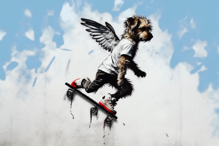 Hund mit flügeln auf einem skateboard