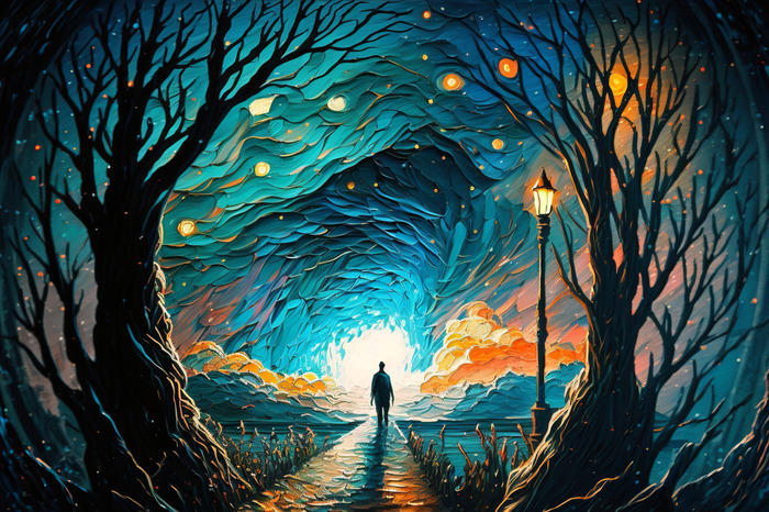 Ein spaziergang in einer sternenklaren nacht, abstrakte landschaft