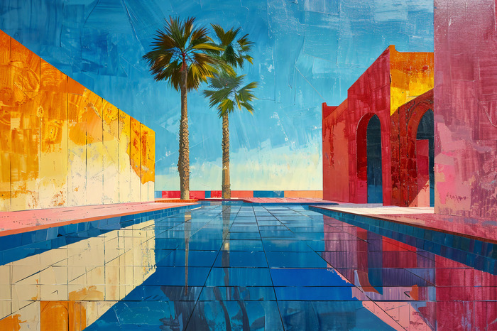 Ein swimmingpool unter palmen im künstlerischen stil