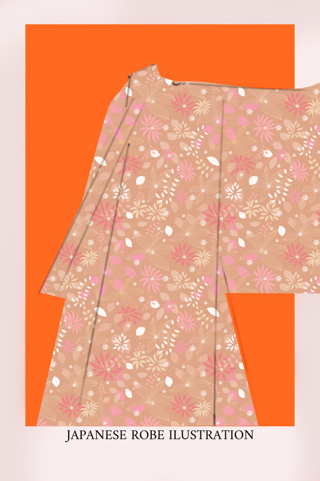 Kimono mit japanischem blumenmuster auf orangefarbenem hintergrund