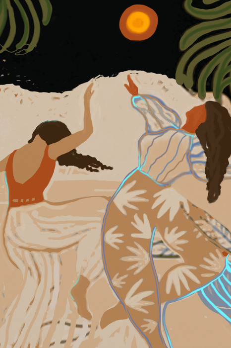 Abstrakte illustration tanzender frauen bei nacht