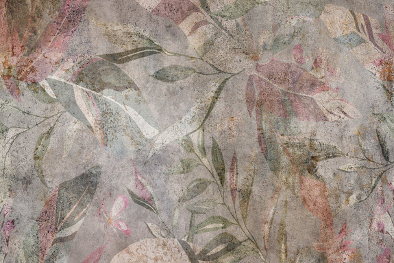 Ein pflanzenmuster auf einem hintergrund, der beton imitiert.