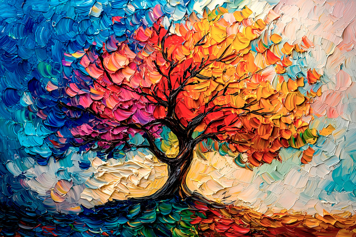 Künstlerisch bunter baum, bemalt mit farbe