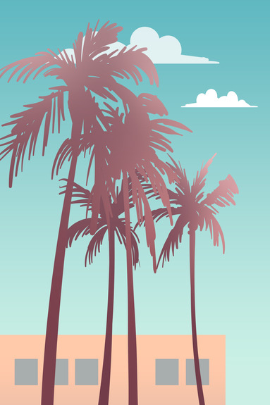 Palmengrafik im retro-stil mit einem gebäude im hintergrund