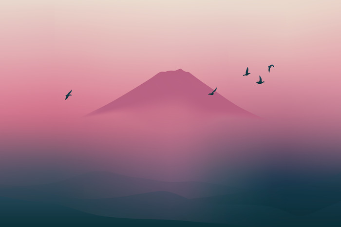 Landschaft mit einem berg und vögeln im rosa nebel