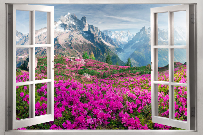 Der blick aus dem offenen fenster auf azaleen und berggipfel