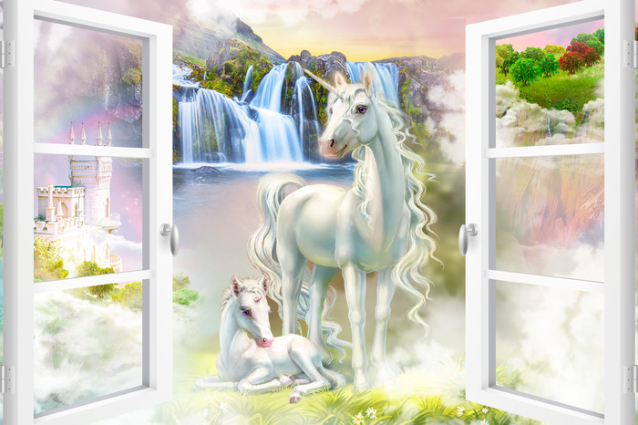 Fenster mit blick auf einhörner und einen wasserfall