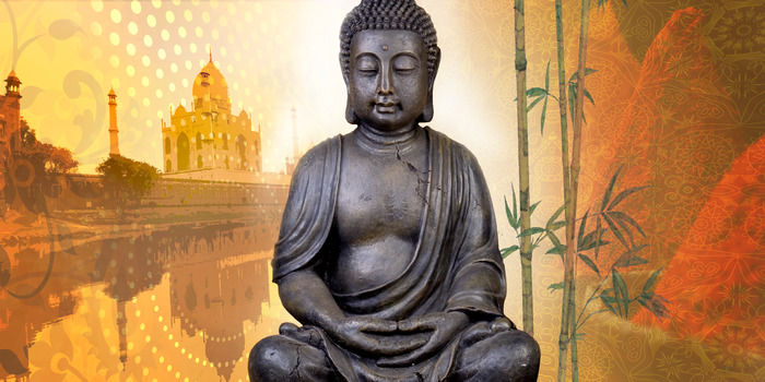 Buddha während der meditation, im hintergrund ein tempel