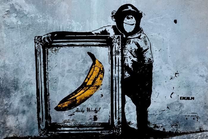 Reproduktion von warhols „affe mit banane“ durch banksy