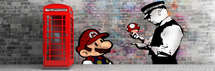 Banksy, mario und der polizist mit der telefonzelle