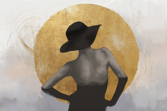 Eine elegante frauenfigur vor dem hintergrund eines goldenen kreises