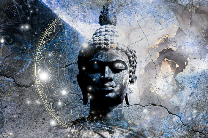 Eine grau-bläuliche buddha-skulptur vor einem mandala-hintergrund