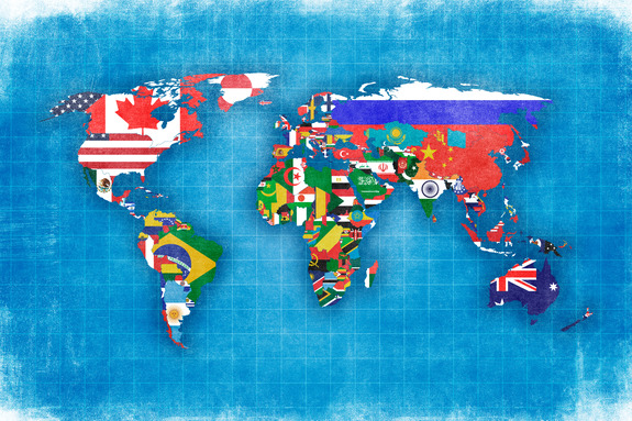 Illustration der welt mit länderflaggen innerhalb der kontinentalgrenzen