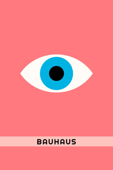 Ein minimalistisches auge mit der bauhaus-inschrift auf rosa hintergrund.