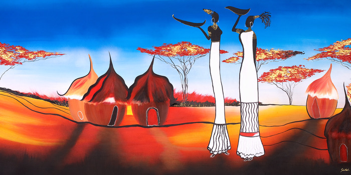 Frauen in traditionellen hütten in einer afrikanischen landschaft