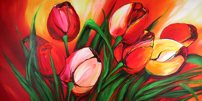 Abstrakte rote und gelbe tulpen mit grünen blättern