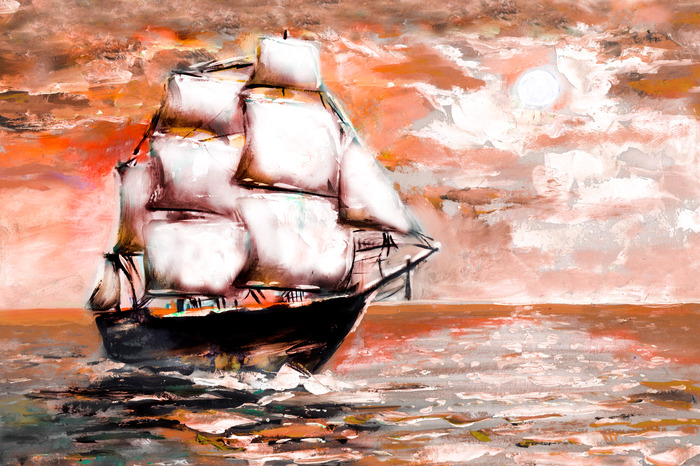 Ein segelschiff auf see vor einem orangefarbenen himmel