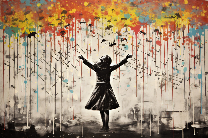 Mädchen und bunter regen im stil von banksy