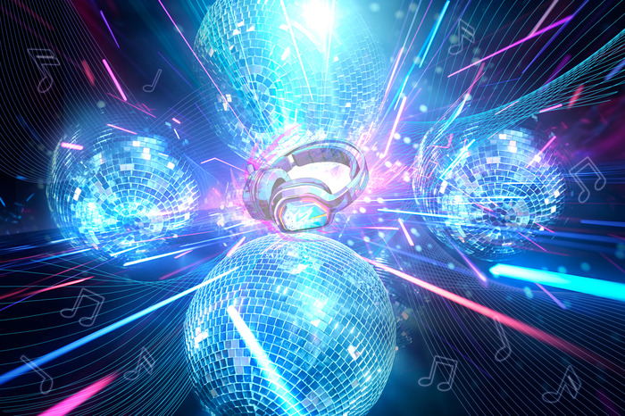 Blaue bühne mit discokugeln und kopfhörern