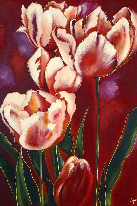 Tulpen auf burgunderrotem hintergrund in einem künstlerischen stil