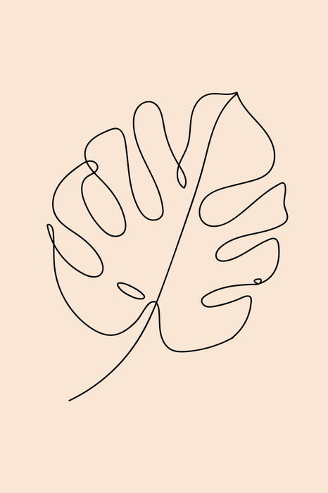 Eine minimalistische kontur eines monstera-blattes auf rosa hintergrund.