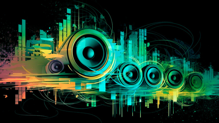 Eine farbenfrohe welle aus musik und lautsprechern