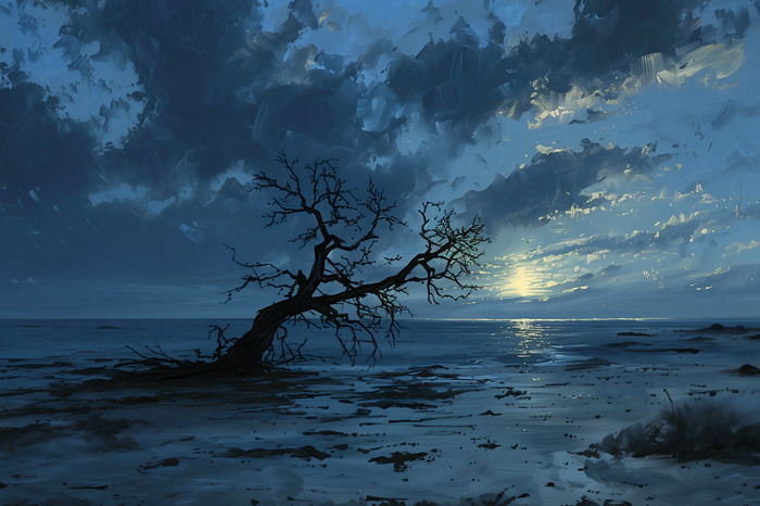 Dunkle landschaft mit einem baum