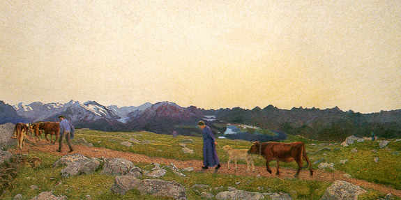 Menschen führen eine kuhherde durch eine malerische lichtung in den bergen