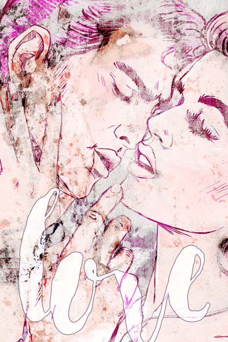 Comic-porträt einer frau und eines mannes beim küssen