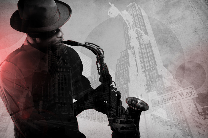 Saxophonist und das stadtpanorama