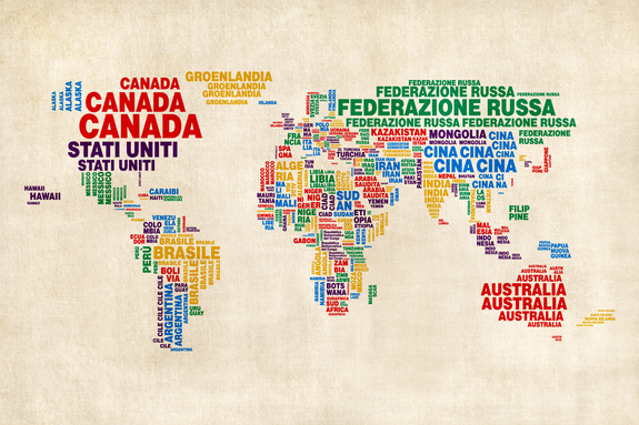 Eine farbenfrohe weltkarte mit länderbezeichnungen in italienischer sprache.