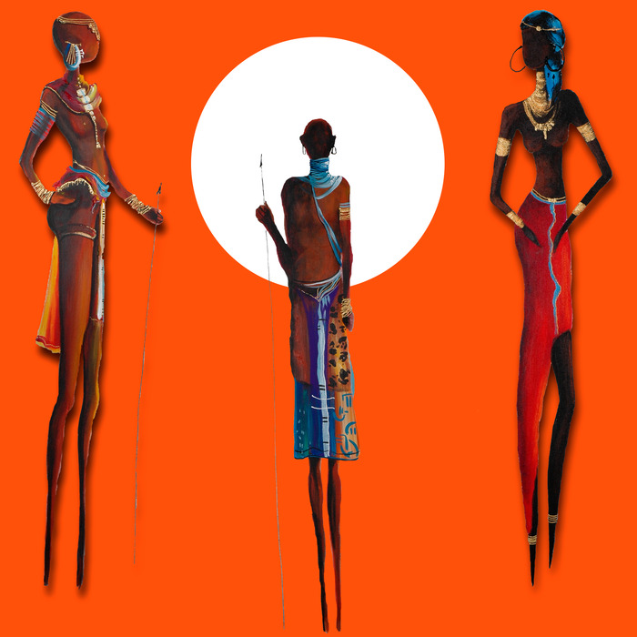 Farbenfrohe afrikanische silhouetten auf orangefarbenem hintergrund