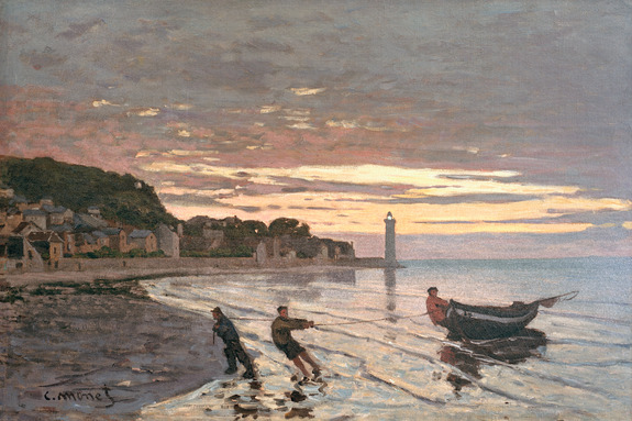 Boote, die bei sonnenuntergang aus dem hafen von honfleur geschleppt werden.