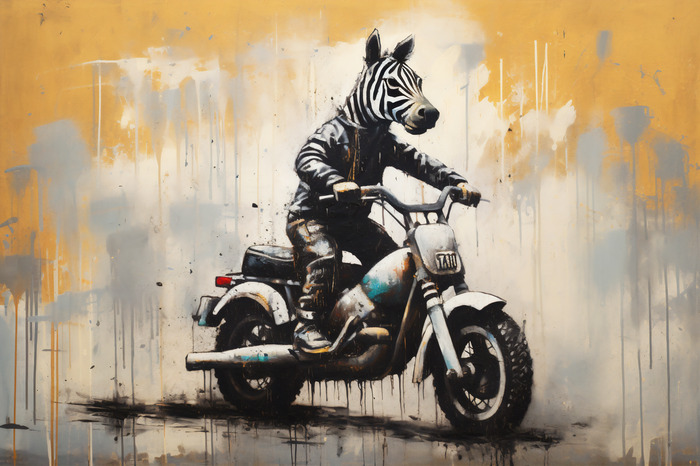 Ein zebra auf einem motorrad in einer abstrakten darstellung
