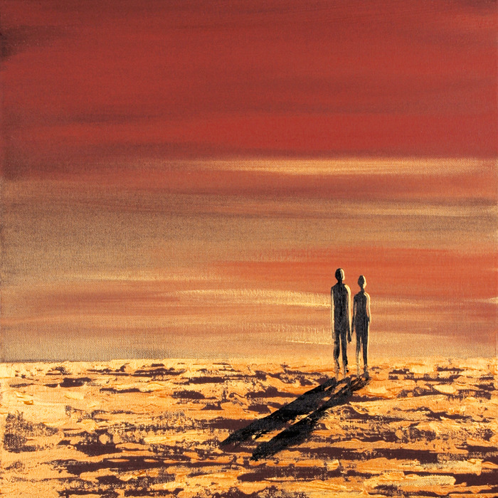 Silhouetten von menschen in einer wüstenlandschaft