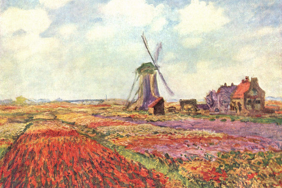 Eine malerische landschaft mit einem blumenfeld, einem häuschen und einer windmühle