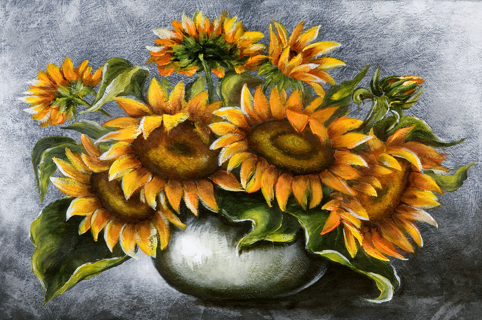 Ein strauß sonnenblumen in einer vase vor grauem hintergrund