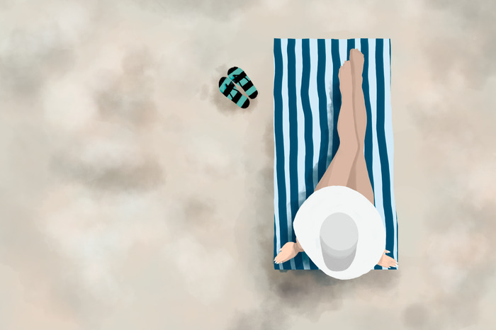 Illustrierte frau auf einem handtuch am strand