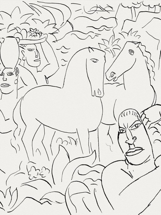 Eine figur mit einem krug und früchten inmitten von pferden