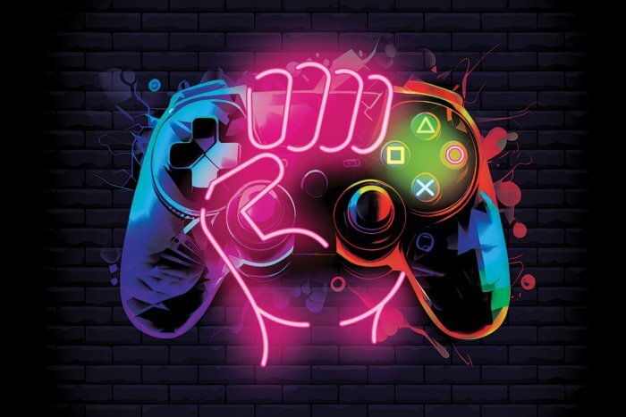 Neonfarbene hand hält ein gamepad