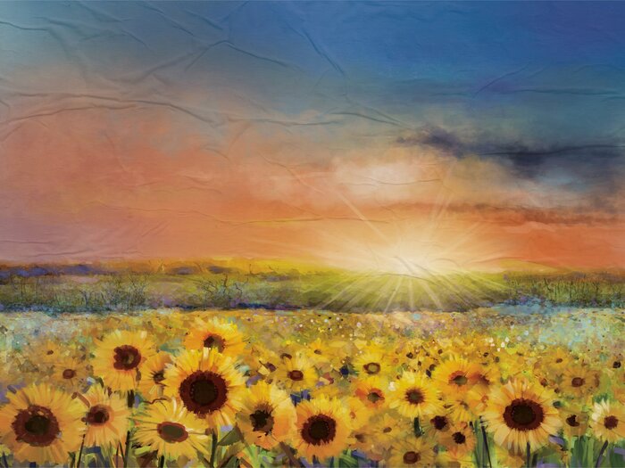 Goldene sonnenblumen im licht der untergehenden sonne