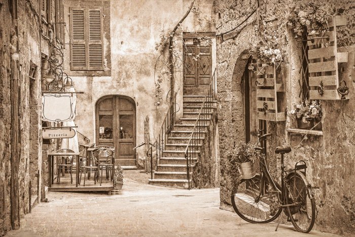 Eine charmante kopfsteinpflasterstraße in einer ruhigen stadt